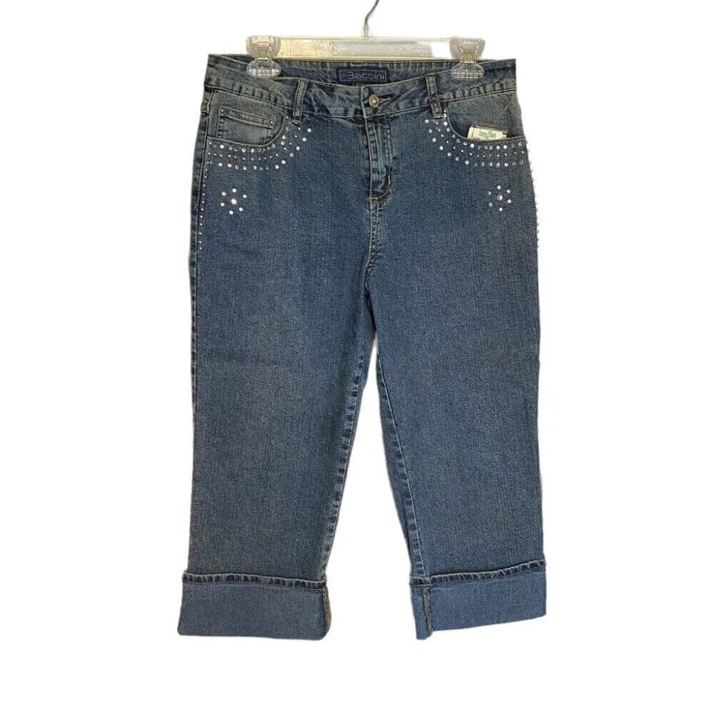 Baccini Y2K Denim Crop Jeans 10P cuff hem rhinestone & beading embellished NWT